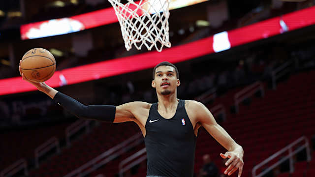 Dec 11, 2023; Houston, Texas, USA; San Antonio Spurs center Victor Wembanyama (1) warms up before the game against the Houston Rockets at Toyota Center.